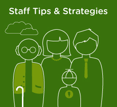 “Staff Tips and Strategies” and a drawing of a family in green