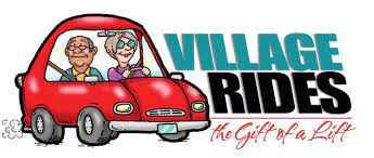 village rides logo - two people in cute red car