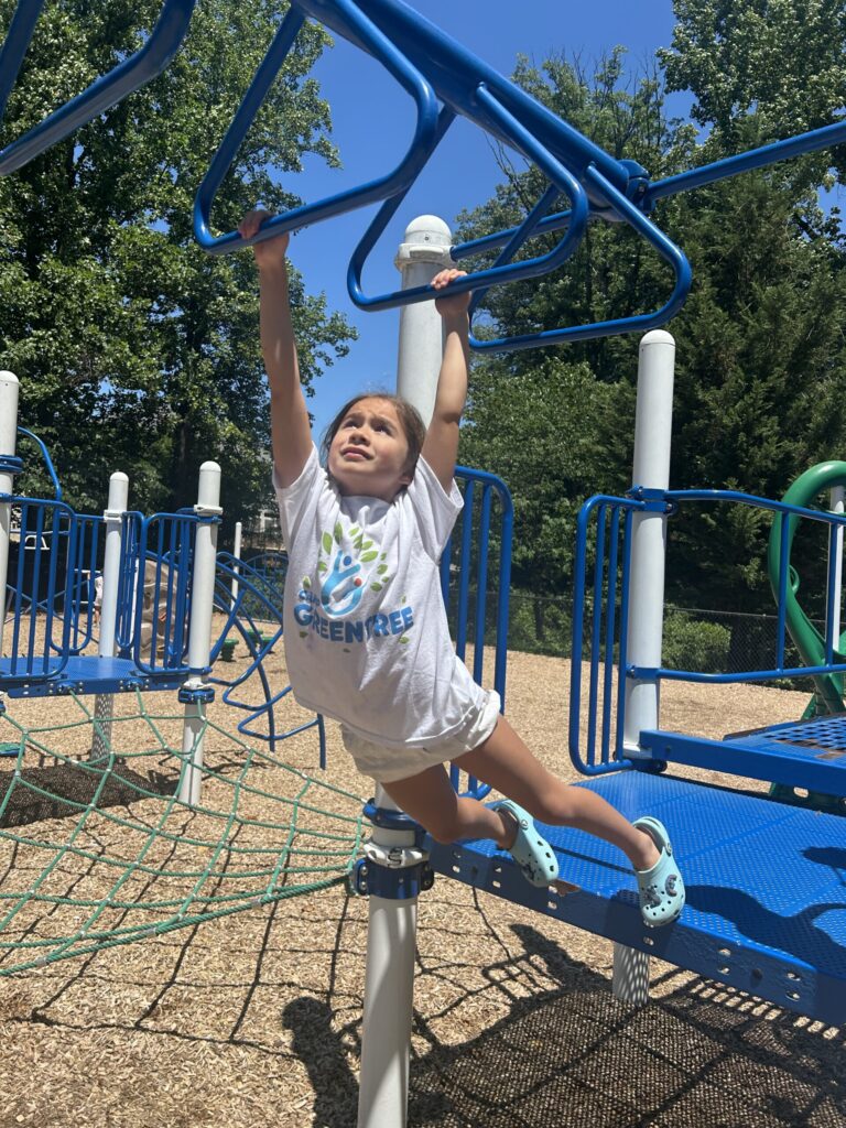 a child playing on monkey bars